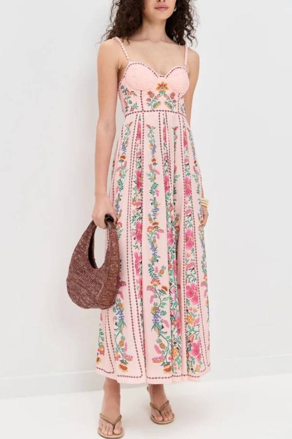 Delicate Forest Einzigartige Print Sweetheart Neck Perlen Träger Maxi Kleid