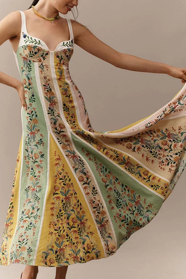 Sweet Garden Leinenmischung Farbblock-Maxikleid mit Blumenmuster