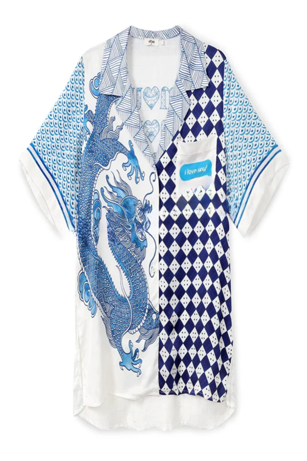 Einzigartige Dragon Print kurze Ärmel lockeres Shirt und elastische Taille Tasche Hosen Set