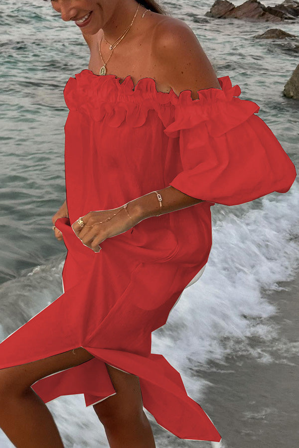 Leen - Midikleid mit entblößten Schultern, voluminösem Volant und Ballonärmeln