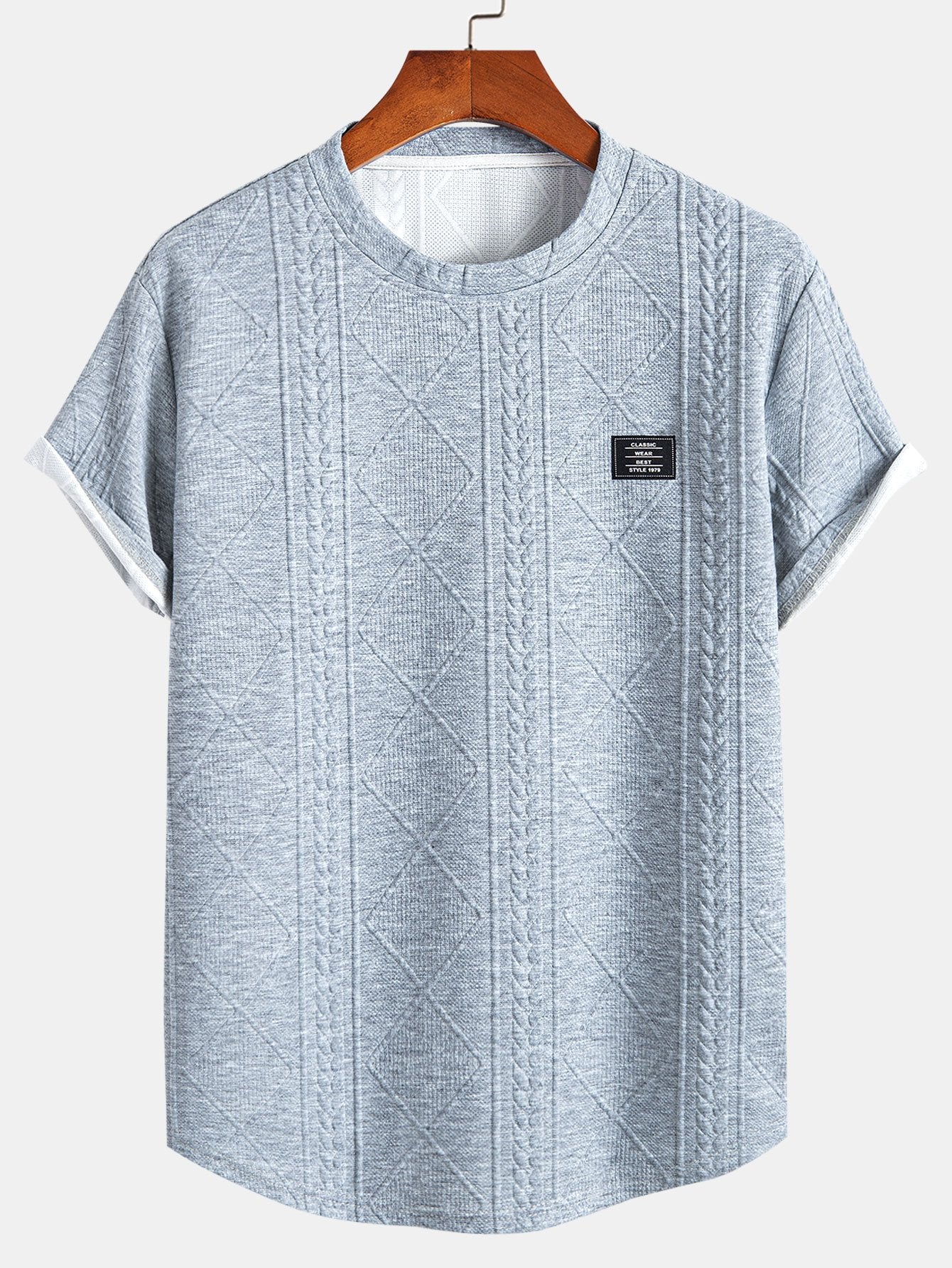 Kurzarm-T-Shirt mit geometrischem Jacquard-Muster und gebogenem Saum