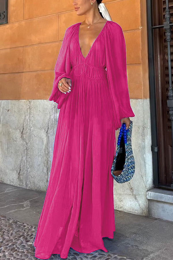 Neva - Blaues langes Kleid mit Puffärmeln und gewellter Taille