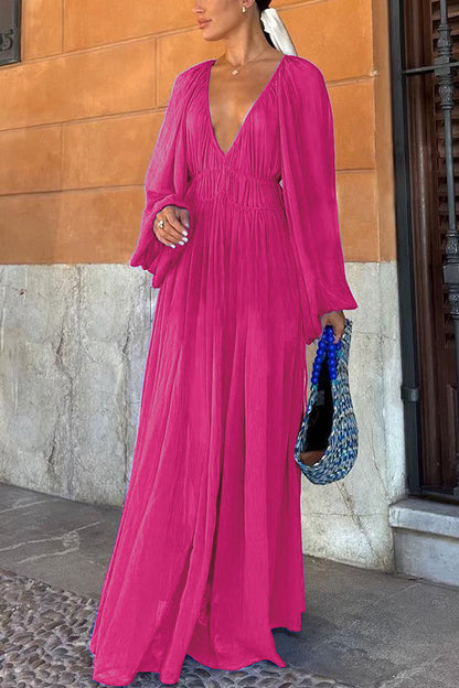 Neva - Blaues langes Kleid mit Puffärmeln und gewellter Taille