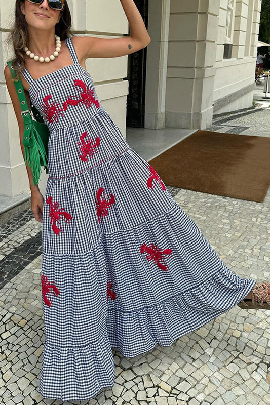 Maysa - Langes kariertes Kleid mit gestickten Shrimps
