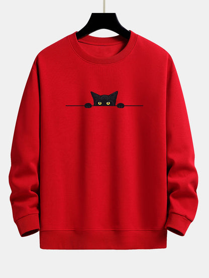 Schwarzes Sweatshirt mit Katzenprint und Relax-Fit