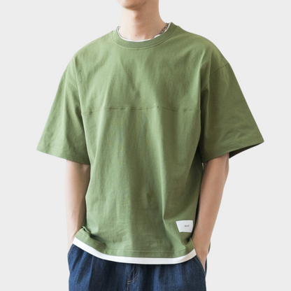 Japanisches lockeres Drop Shoulder Fake Zweiteiler T-Shirt