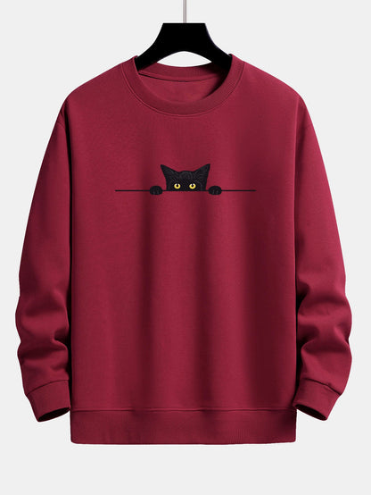Schwarzes Sweatshirt mit Katzenprint und Relax-Fit
