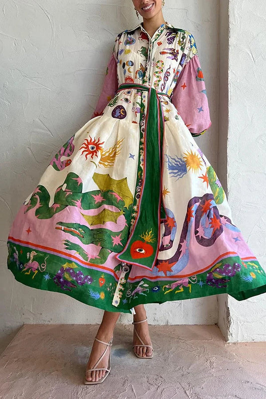 Französisches Maxikleid mit Plissee-Druck im Retro-Stil