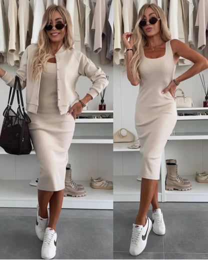 Karin - Rippstrick-Midikleid & Bomberjacken-Set