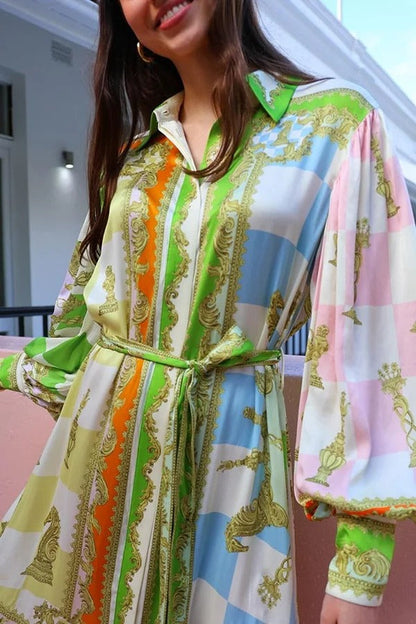 Gartenparty Satin Einzigartiger Druck Ballonärmel Gürtelhemd Maxikleid