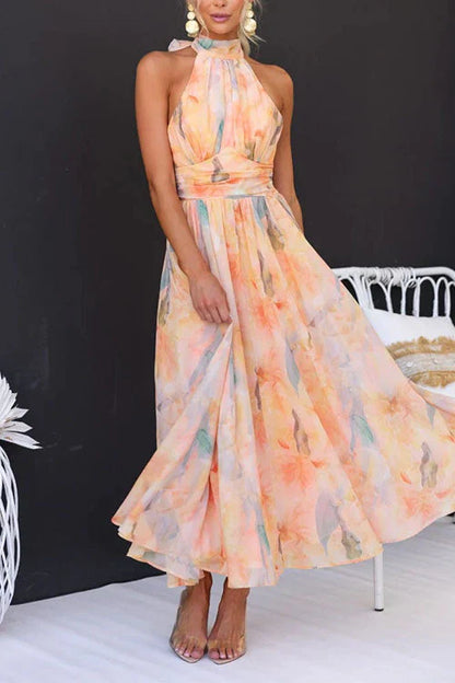Sari - Langes Kleid Aquarell mit Halfterkragen und Neckholder