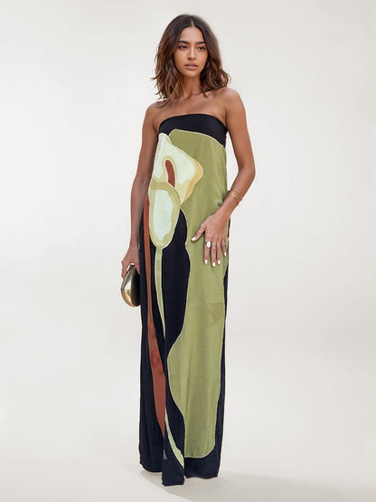 Anais - Trägerloses langes Kleid mit abstraktem Blumendruck