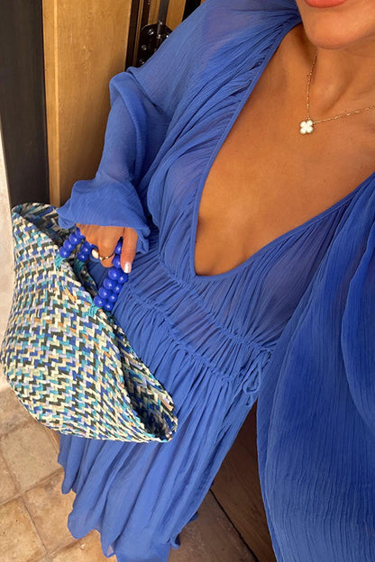 Neva - Blaues langes Kleid mit Puffärmeln und gewellter Taille