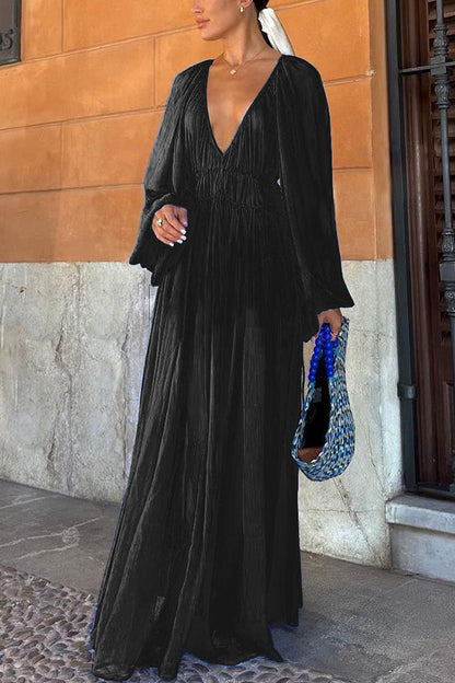 Neva - Blaues langes Kleid mit Puffärmeln und gewellter Taille