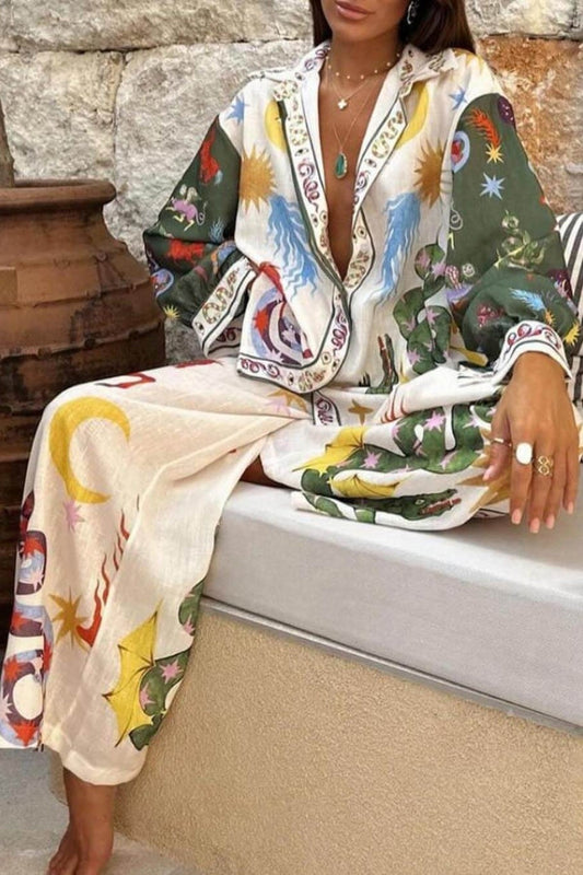 Bohemian Beauty Einzigartiger Druck Langärmeliges lockeres Shirt und elastische Taille Hose Set