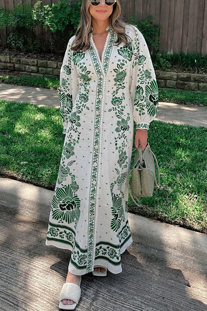 Einzigartiger Druck Button Down Langarm Shirt Maxikleid