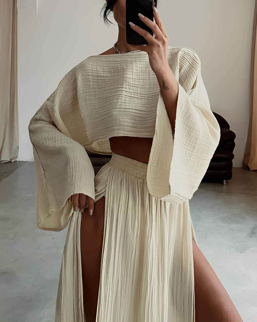 Clara - Chic Slit Zweiteiliges Leinenset
