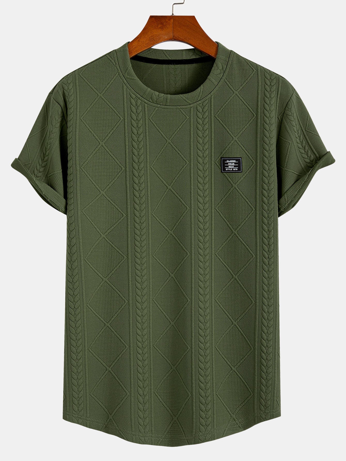 Kurzarm-T-Shirt mit geometrischem Jacquard-Muster und gebogenem Saum