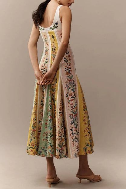 Sweet Garden Leinenmischung Farbblock-Maxikleid mit Blumenmuster