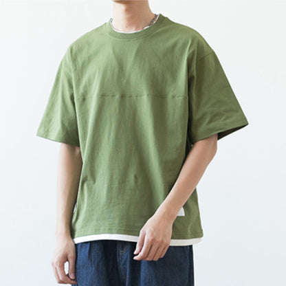 Japanisches lockeres Drop Shoulder Fake Zweiteiler T-Shirt