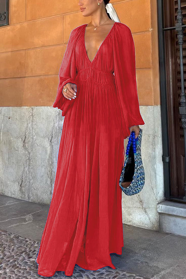 Neva - Blaues langes Kleid mit Puffärmeln und gewellter Taille