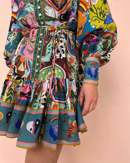 Bedrucktes - Plissee-Kleid mit Schnürung