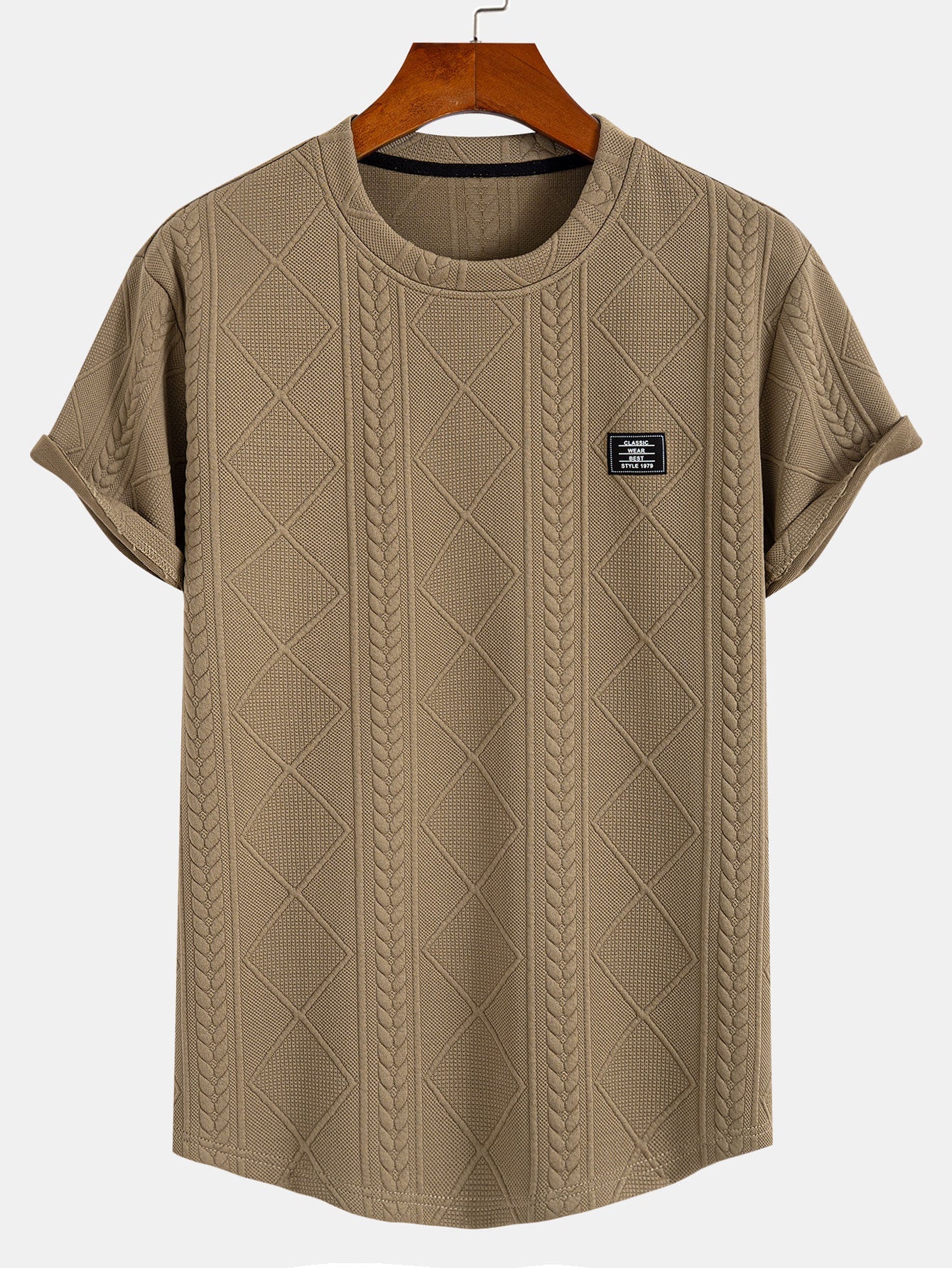 Kurzarm-T-Shirt mit geometrischem Jacquard-Muster und gebogenem Saum