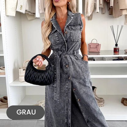 Selina - Damen Denim Midikleid mit Taillenband