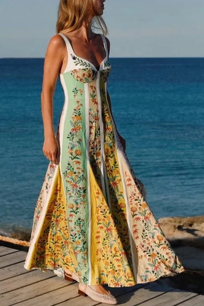 Sweet Garden Leinenmischung Farbblock-Maxikleid mit Blumenmuster