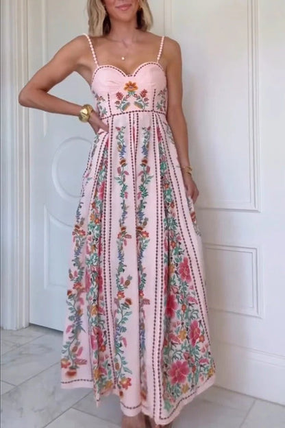 Delicate Forest Einzigartige Print Sweetheart Neck Perlen Träger Maxi Kleid