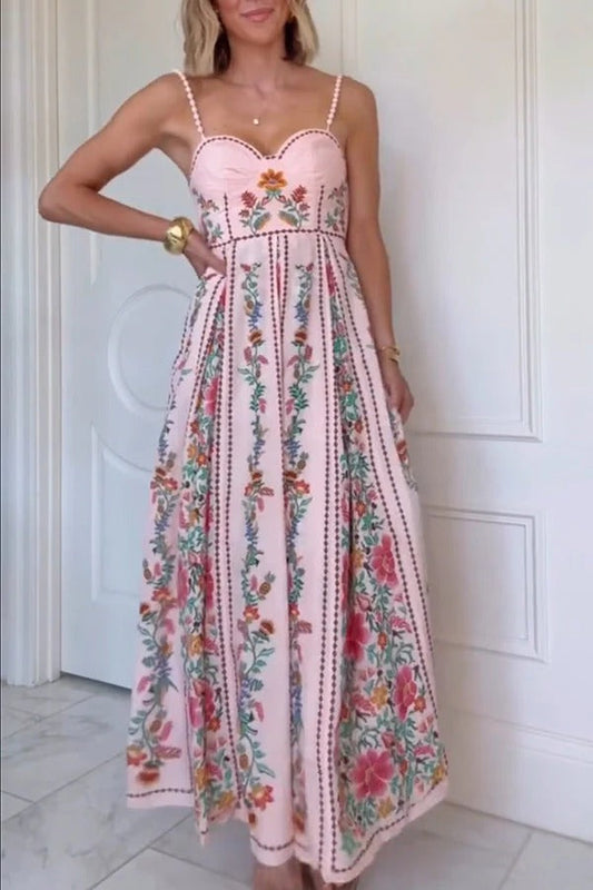Delicate Forest Einzigartige Print Sweetheart Neck Perlen Träger Maxi Kleid