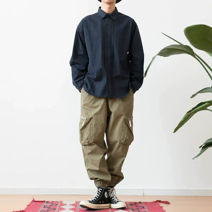 Japanisches Retro-Hemd mit langen Ärmeln und fester Farbe