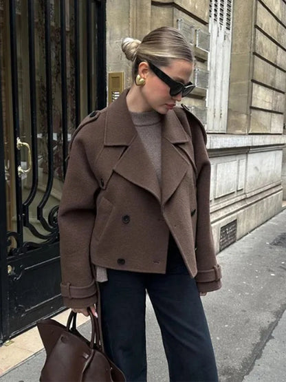 Maria - Brauner Retro-Wollmantel mit langen Ärmeln