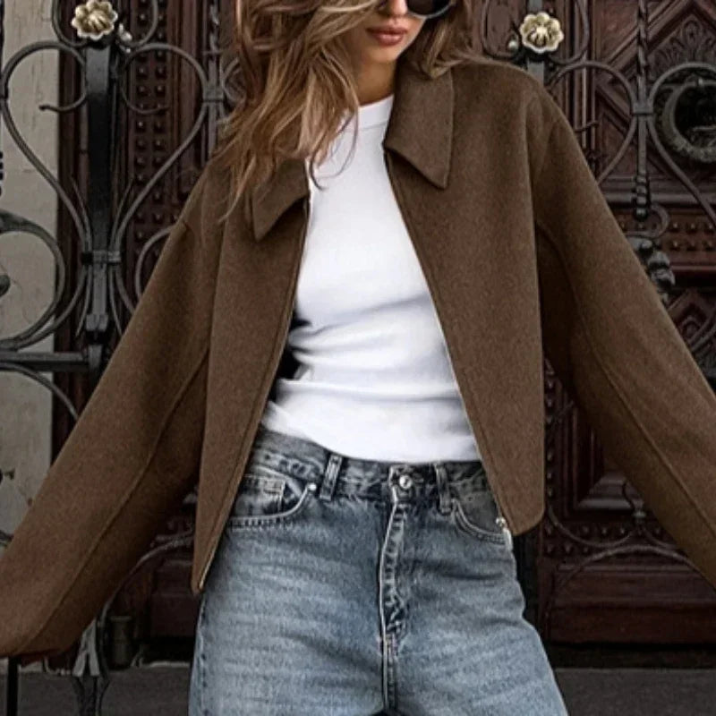 Olivia - Braune Jacke mit Reißverschluss aus Wolle