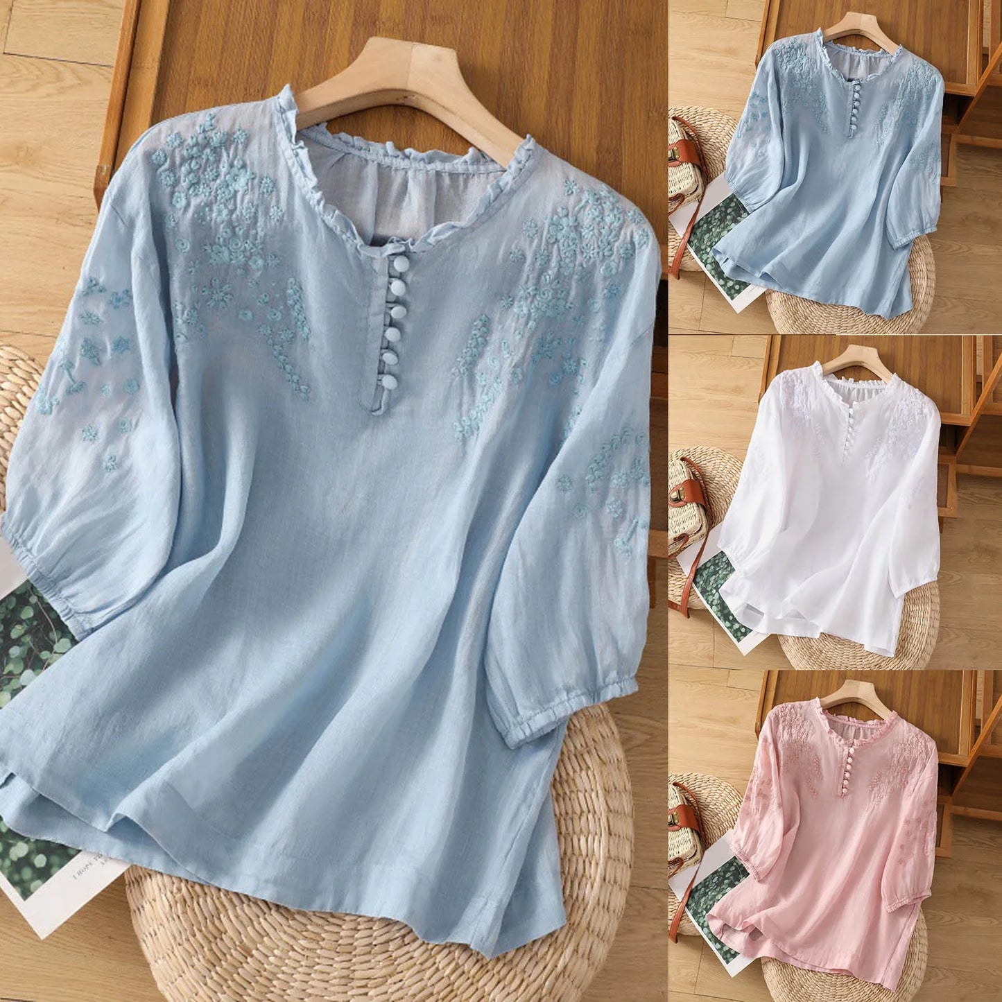 Evelyn - Bestickte Bluse mit Knopfleiste