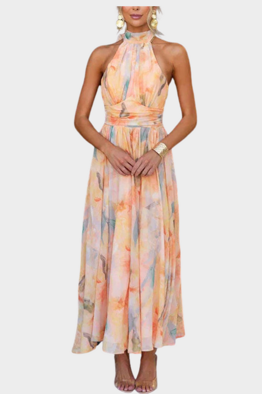 Sari - Langes Kleid Aquarell mit Halfterkragen und Neckholder