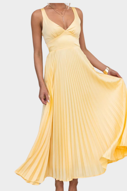 Aby - Gelbes plissiertes Maxikleid mit V-Ausschnitt