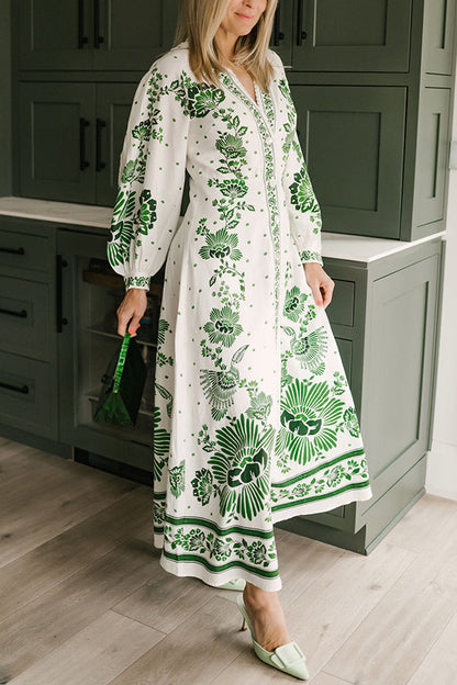 Einzigartiger Druck Button Down Langarm Shirt Maxikleid