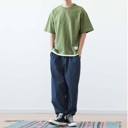 Japanisches lockeres Drop Shoulder Fake Zweiteiler T-Shirt