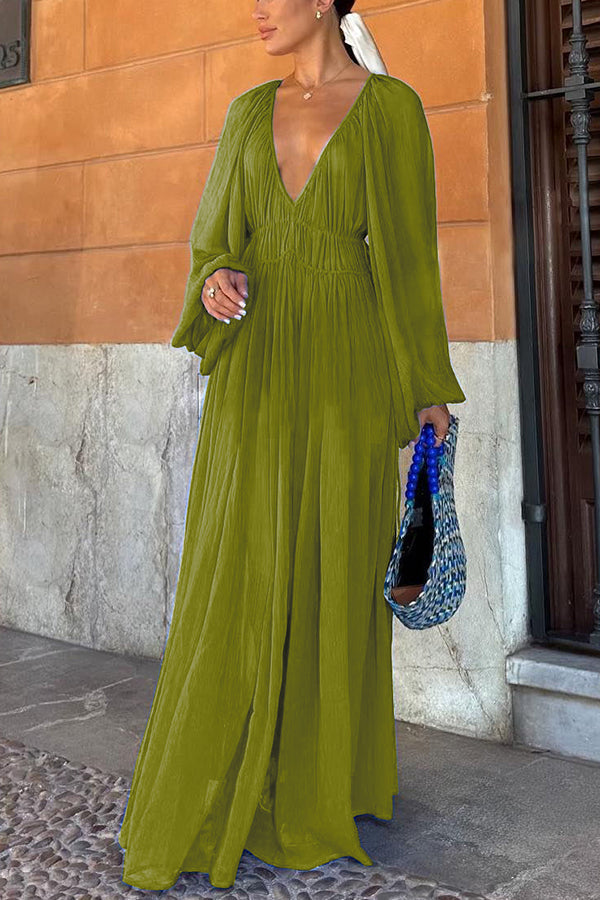 Neva - Blaues langes Kleid mit Puffärmeln und gewellter Taille