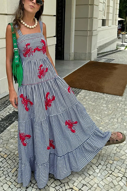 Maysa - Langes kariertes Kleid mit gestickten Shrimps