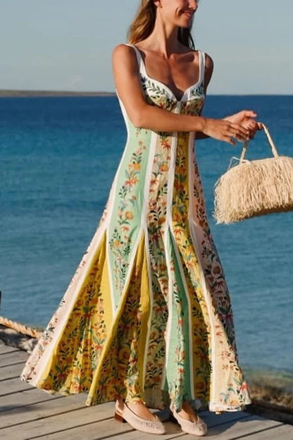 Sweet Garden Leinenmischung Farbblock-Maxikleid mit Blumenmuster