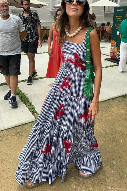 Maysa - Langes kariertes Kleid mit gestickten Shrimps