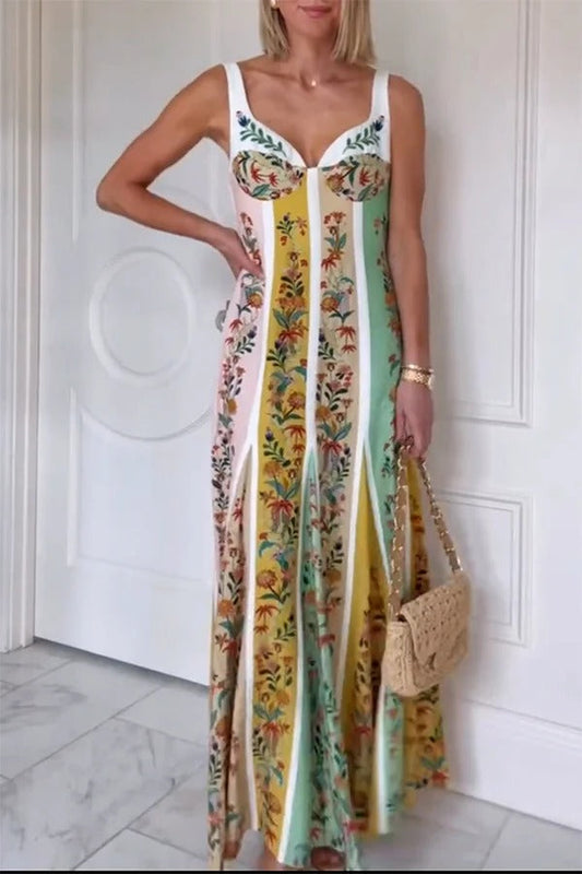 Sweet Garden Leinenmischung Farbblock-Maxikleid mit Blumenmuster