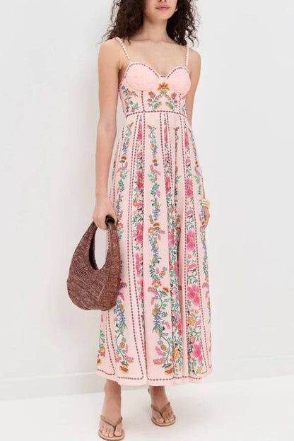 Delicate Forest Einzigartige Print Sweetheart Neck Perlen Träger Maxi Kleid