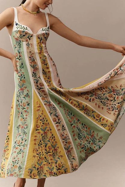 Sweet Garden Leinenmischung Farbblock-Maxikleid mit Blumenmuster