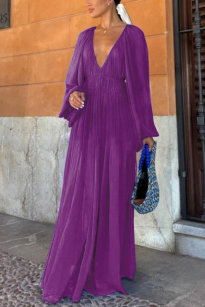 Neva - Blaues langes Kleid mit Puffärmeln und gewellter Taille