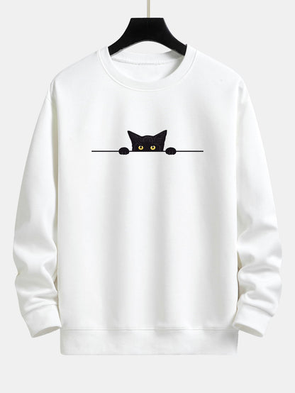 Schwarzes Sweatshirt mit Katzenprint und Relax-Fit