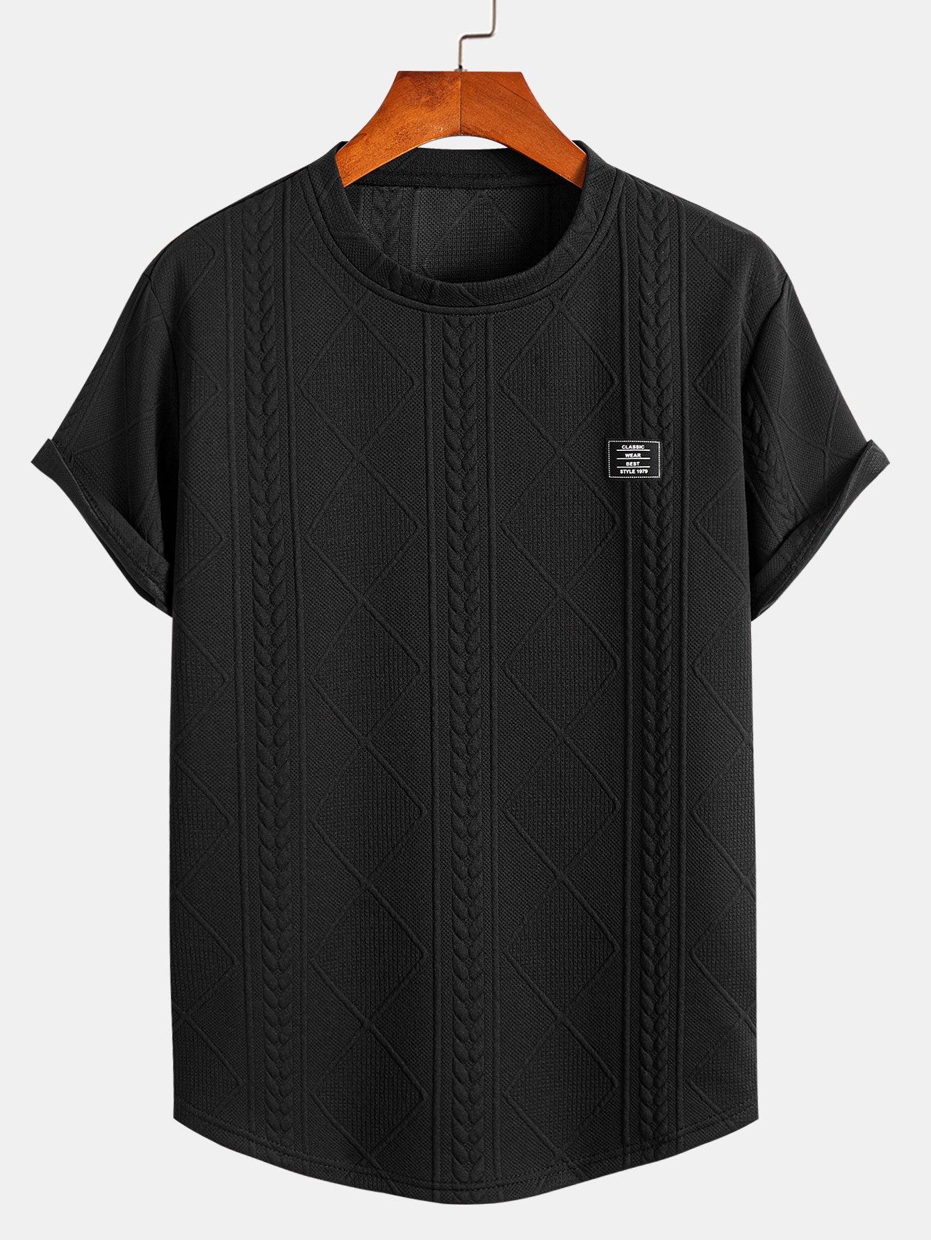 Kurzarm-T-Shirt mit geometrischem Jacquard-Muster und gebogenem Saum