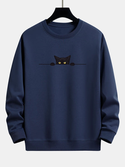 Schwarzes Sweatshirt mit Katzenprint und Relax-Fit